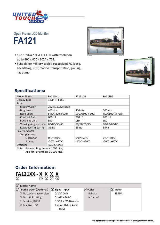 12 inch Open Frame Display Optional Touch